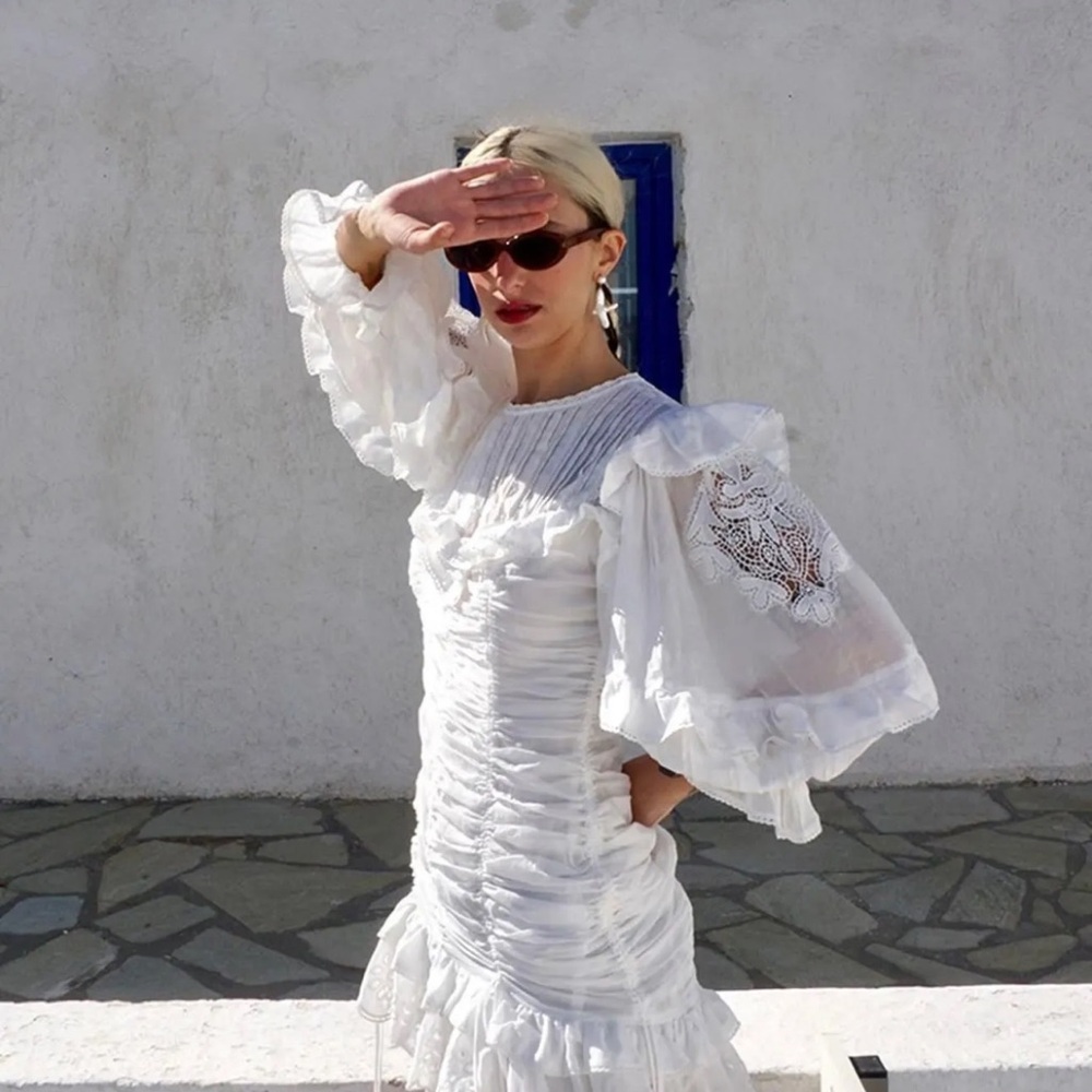 FARM Rio White Ruched Mini Dress with Lace Balloon Sleeves